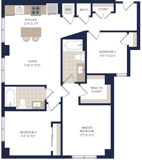 Floor plan for 3 beds, 2 baths
